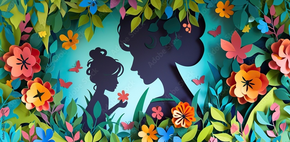 Vibrant papercraft image with a silhouette of a mother and child. Mother's Day concept.