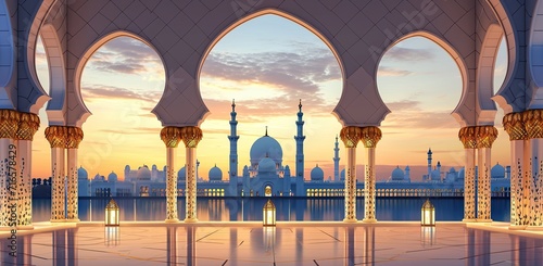 Fotografering View of the mosque through the archways at sunset