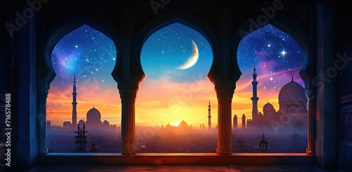 View of the mosque through arched windows at sunset. The concept of celebrating Ramadan