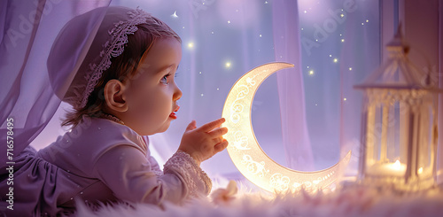 Little girl gazing at the moon. The concept of Ramadan and childlike wonder.