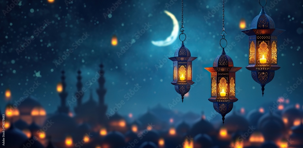 Hanging lanterns on a night background, glowing. The concept of Ramadan and spirituality. Hanging lanterns on a night background, glowing. The concept of Ramadan and spirituality.
