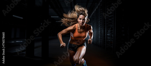 Young athlete woman in sports clothing jumping against dark hall background.