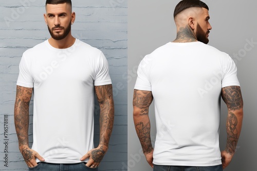 Modern plain white t-shirt mockup template in photo studio setting with male model - front and back views, stylish apparel mockup for fashion brand presentation