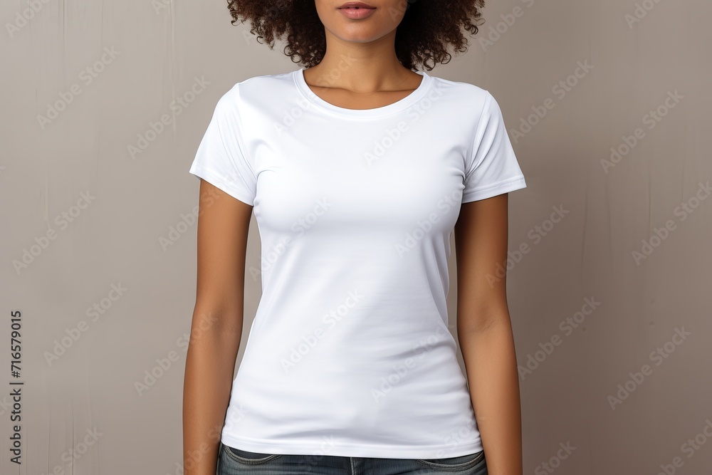 Versatile plain white t-shirt mockup with female model in photo studio - front and back views, clean and modern apparel template for designers and brands Versatile plain white t-shirt mockup with female model in photo studio - front and back views, clean and modern apparel template for designers and brands