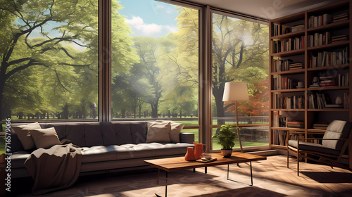 A living room with a couch and a window with a view of a park outside the window and a tree