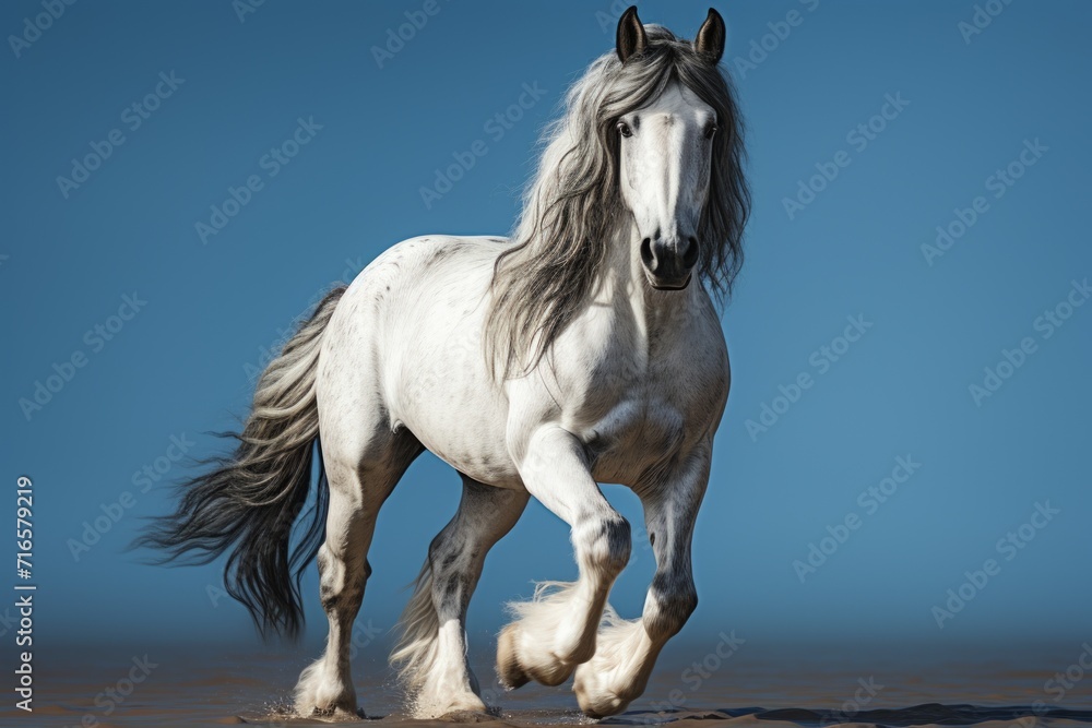 Tinker horse on a light background. Concept: for use in materials about equestrian sports, agriculture and nature. Banner with copy space - obrazy, fototapety, plakaty 