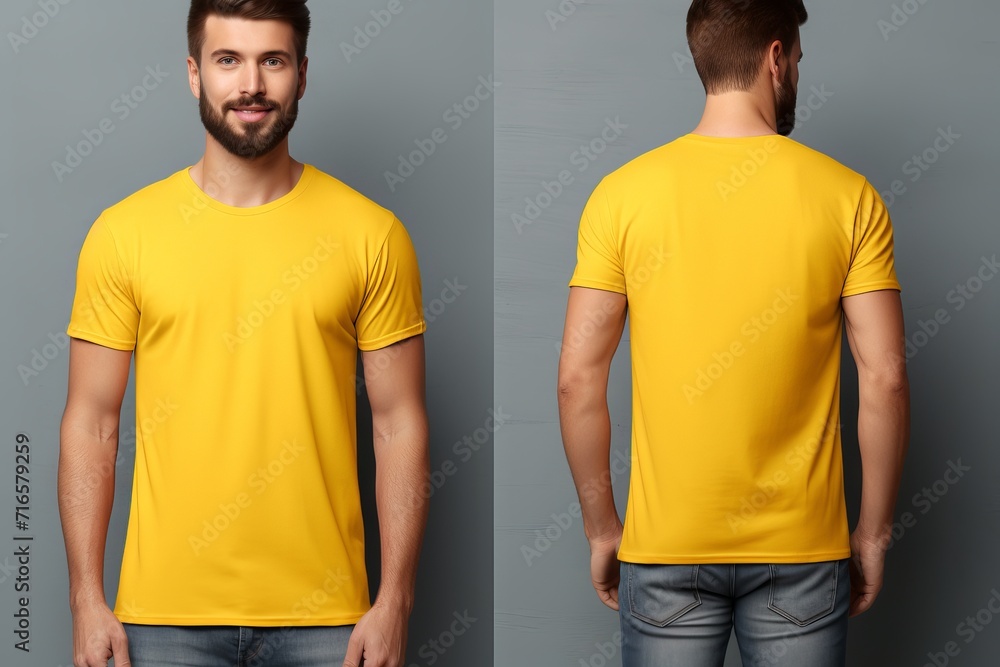 Male model in yellow t-shirt mockup: photo studio views, front and back - apparel template for designers and creatives Male model in yellow t-shirt mockup: photo studio views, front and back - apparel template for designers and creatives