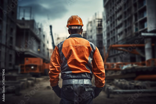 Back view of construction worker with orange safety uniform and hard hat on construction site.