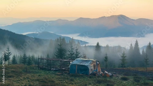 Carpathian meadow - clearing near the Romanian border, Mount Marmarosh, Ukraine, sheep pasture and buildings of Hutsul mountaineer shepherds at dawn, delicate beautiful colors photo