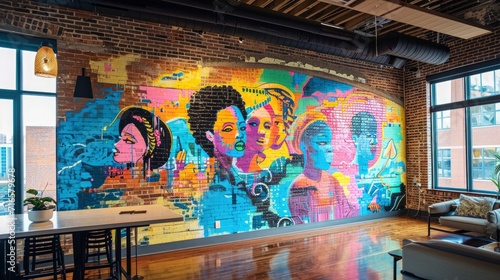 A hand-painted mural on a brick wall within an office, depicting diverse workers engaged in their passions, a vibrant celebration of human potential, creativity,