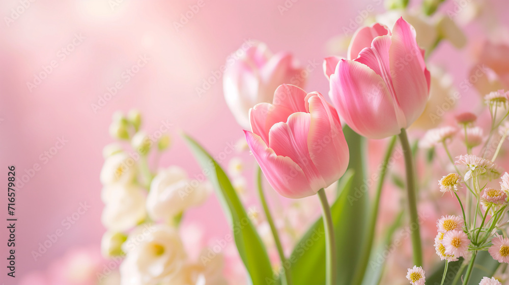 Floral arrangement with beautiful tulips. Blurred background and pastel colors. Floral arrangement with beautiful tulips. Blurred background and pastel colors.