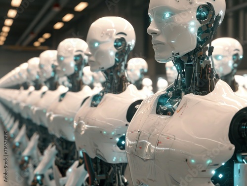 an assebly line of humanoid robots producing more humanoid robots. in realitic 3d render
