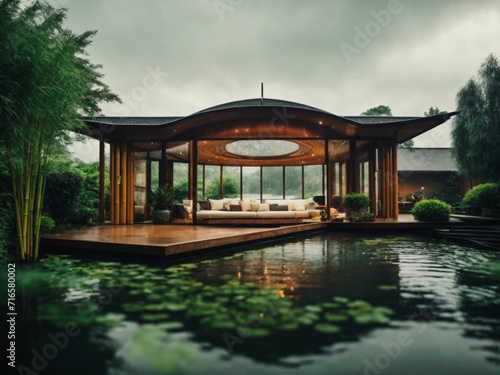 modern architectural structure built in the jungle, surrounded by lush greenery and a swimming pool. beautiful lake and house