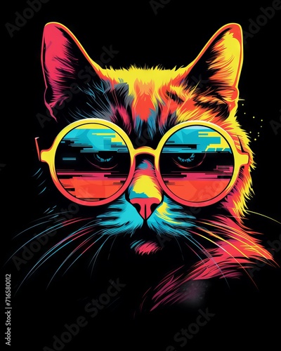 Retro cool cut cat in neon circle on black background - vector t-shirt design © Ameer