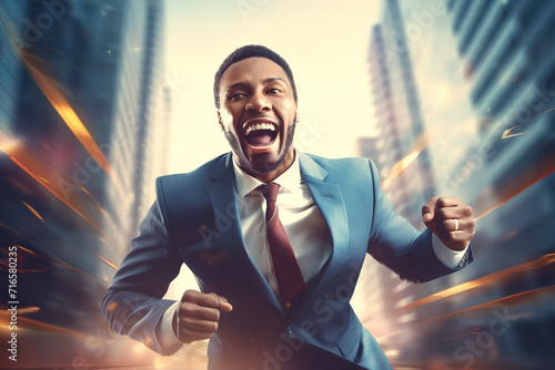 Cheerful black African American businessman in suit holding fists and running through the city street.