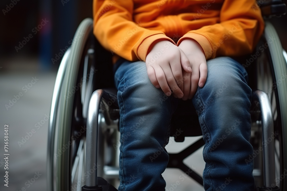 Fototapeta premium Close-up image of an unrecognizable disabled teenage boy sitting in a wheelchair at home. The handicapped adolescent is using mobility equipment indoors.
