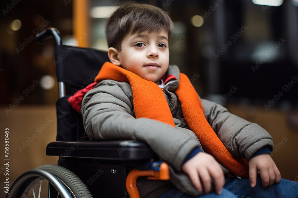 Young boy sitting in a wheelchair indoors. Young boy sitting in a wheelchair indoors.