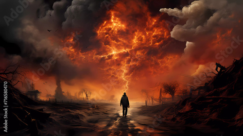 A person walking on a dirt road with a lot of fire and smoke behind them and a lot of smoke and smoke