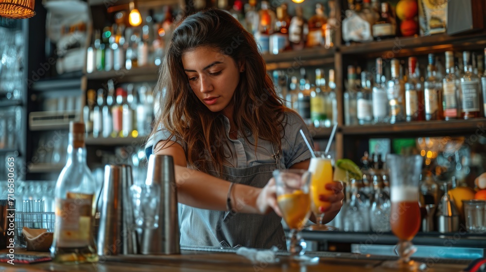 Beautiful woman preparing cocktail on the bar counter. Bartender woman concept.