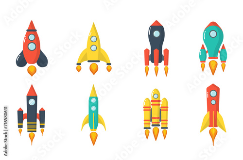 Set of launch rockets isolated on white background. Space rocket launch. Fantastic transport isolated object. Spaceship icons. Travel or science intelligence concept. Vector illustration