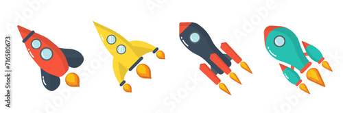 Set of launch rockets isolated on white background. Space rocket launch. Fantastic transport isolated object. Spaceship icons. Travel or science intelligence concept. Vector illustration