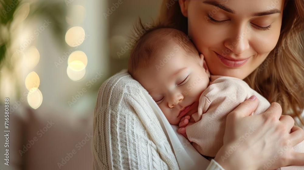Portrait of happy mum holding sleeping infant child on hands. Loving mom and newborn baby. Portrait of happy mum holding sleeping infant child on hands. Loving mom and newborn baby.