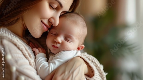 Portrait of happy mum holding sleeping infant child on hands. Loving mom and newborn baby.