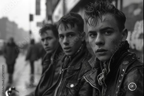 The monochrome photograph shows young men in leather jackets lined up on a city street. They are depicted in close-up, and their gaze conveys a mixture of thoughtfulness and ease.