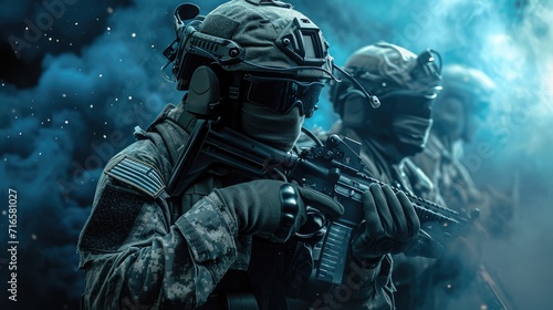 Soldier special forces perform a mission with team. Military concept of the future. © Oulaphone