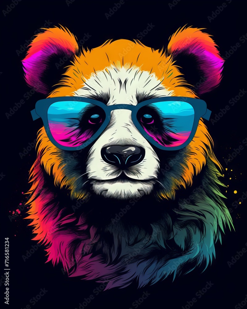 Retro cool cut panda in neon circle on black background - vector t-shirt design Retro cool cut panda in neon circle on black background - vector t-shirt design