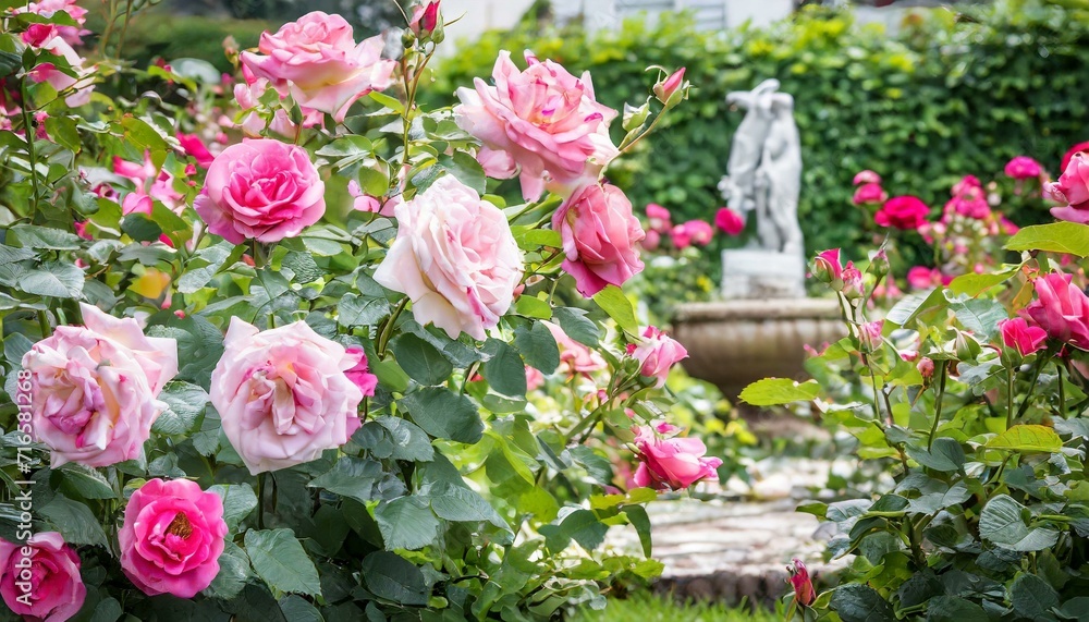 Fototapeta premium Roses in a Garden: A serene scene of roses blooming in a well-tended garden.