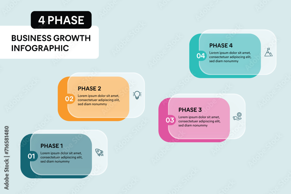 4 Step Business Process Timeline Infographics. Colorful Rectangle Shape Glassmorphism Effect. Vector Illustration. 4 Step Business Process Timeline Infographics. Colorful Rectangle Shape Glassmorphism Effect. Vector Illustration.