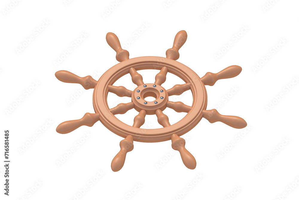 Ship wheel isolated on white background. Boat wooden steering. Ancient object. 3d render