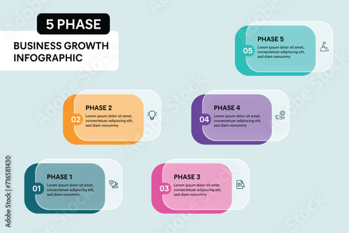 5 Step Business Process Timeline Infographics. Colorful Rectangle Shape Glassmorphism Effect. Vector Illustration.