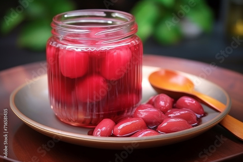 Selective focus or close up of manisan kolang kaling or preserved palm fruit, pink red, served in a glass. Indonesian special desserts during Ramadan and on Eid al-Fitr or Hari Raya photo