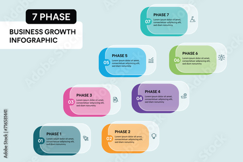 7 Step Business Process Timeline Infographics. Colorful Rectangle Shape Glassmorphism Effect. Vector Illustration.