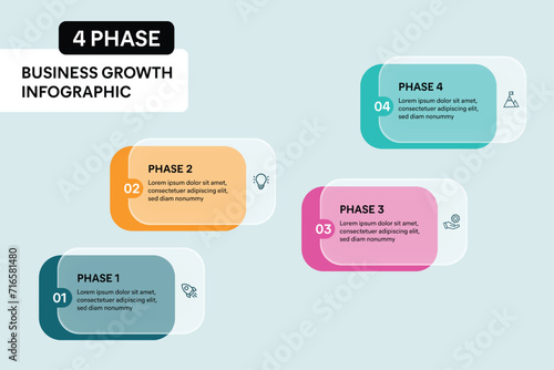 4 Step Business Process Timeline Infographics. Colorful Rectangle Shape Glassmorphism Effect. Vector Illustration.