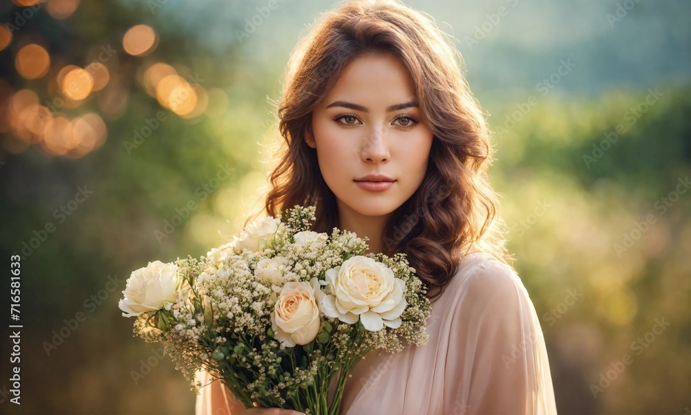 Valentine's Elegance: A Graceful Woman Holding a Bouquet of Flowers for St. Valentine, Radiating Love and Romantic Vibes. Perfect for Conveying Affection and Celebrating Love. Valentine's Elegance: A Graceful Woman Holding a Bouquet of Flowers for St. Valentine, Radiating Love and Romantic Vibes. Perfect for Conveying Affection and Celebrating Love.
