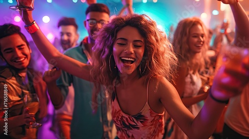Joyful friends dancing together in a nightclub