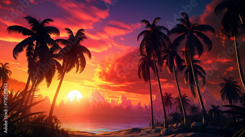 tropical sunset with trees