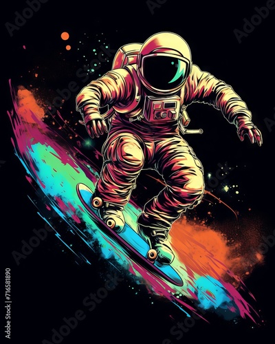 Skating astronaut t-shirt design: A cool and creative illustration of a space explorer on a skateboard © Ameer