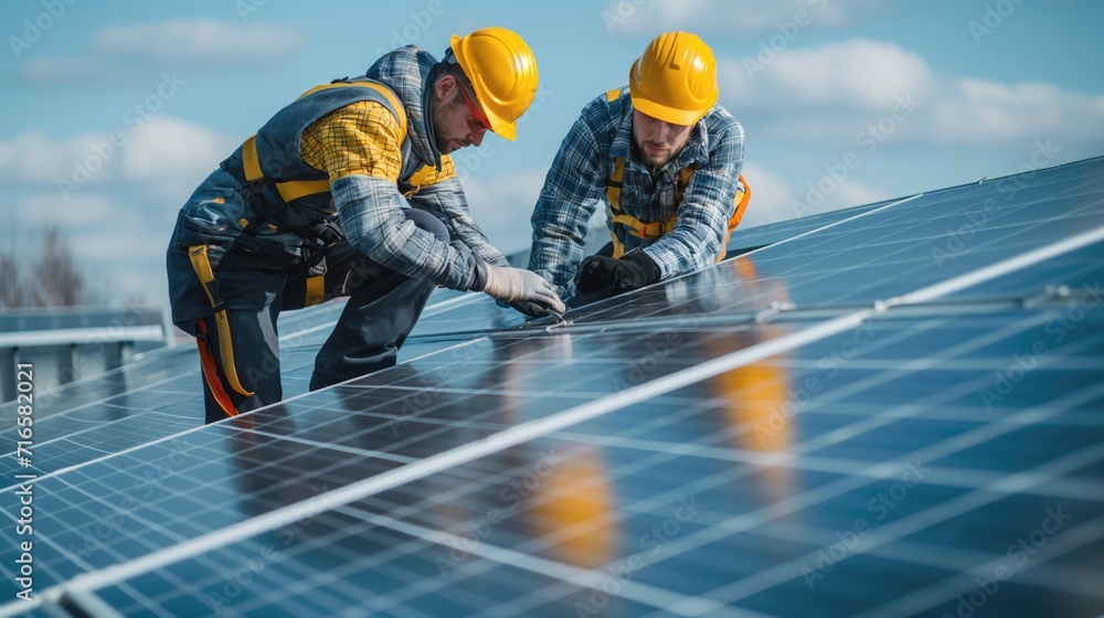 Two engineers mounting a solar panel on the roof - obrazy, fototapety, plakaty 