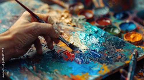 Close-up of an artist's hand blending vibrant paints on a palette.