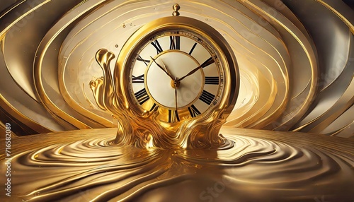  illustration of the illusion of time a surreal clock made of golden and mercury materials melting in a distorted and fluid manner photo