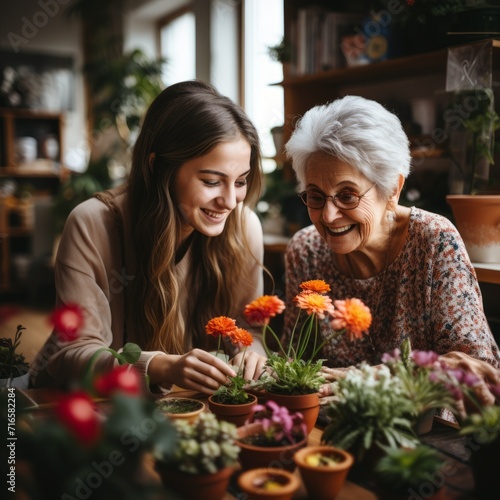 An elderly woman and a female volunteer plant flowers together in a warm and cozy environment. Concept: communication between generations. The age difference helps a pensioner grow plants. 