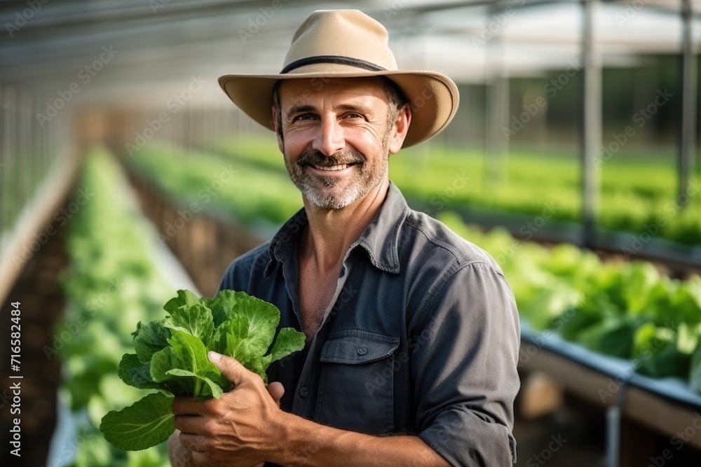 Potrait of a vegetable grower working in a large industrial greenhouse growing vegetables and herbs. Farmer