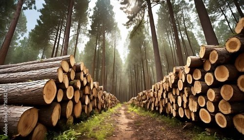 wood logs stacked in a pine forest aillustration photo