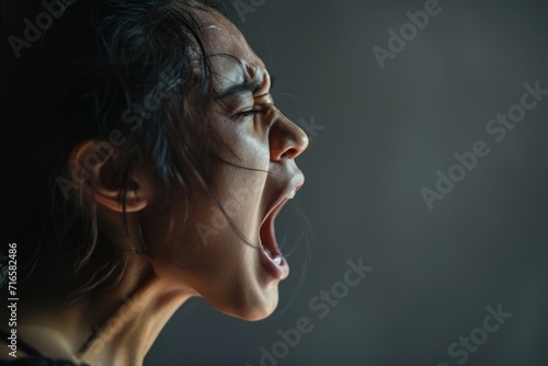 A person with a mental health condition, screaming, facial distort, Woman Shouting, Intense Emotion in Profile View, Vocal Expression of Passion. with copy-space