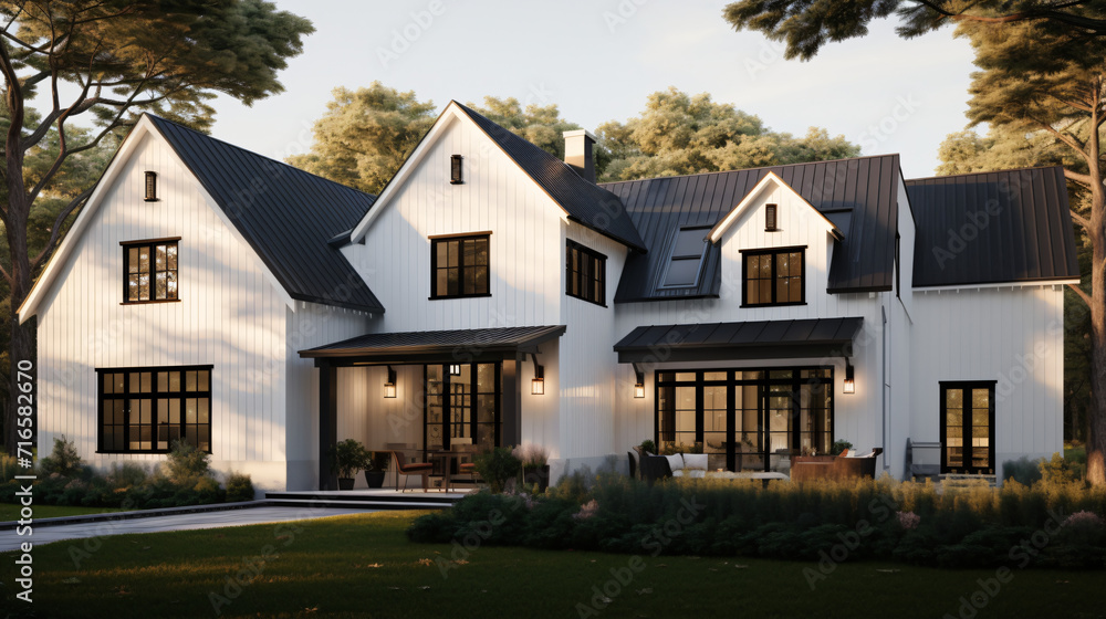 A brand new white contemporary farmhouse