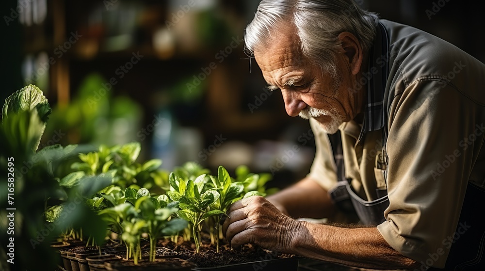Grandfather plants flowers in the greenhouse. Concept: retirement, leisure and plant breeding and garden care
